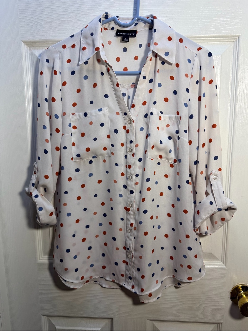 Fortune & Ivy White Polka Dot Button-Down Blouse with Blue & Rust Dots